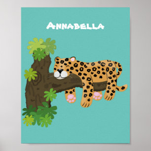 Cute leopard sleeping in tree cartoon illustration poster