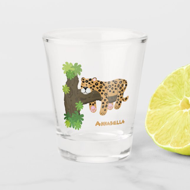 Cute leopard sleeping in tree cartoon illustration shot glass (Front)