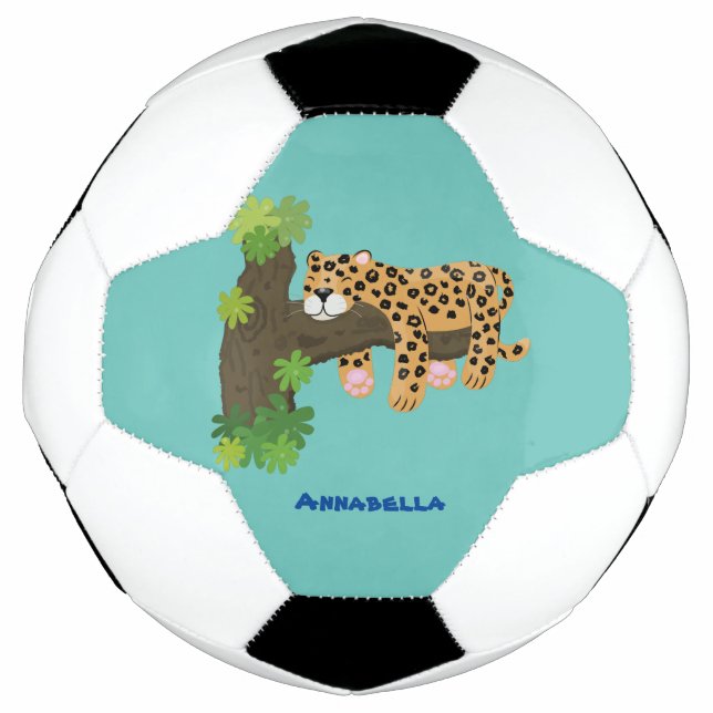Cute leopard sleeping in tree cartoon illustration soccer ball (Front)