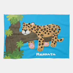 Cute leopard sleeping in tree cartoon illustration tea towel