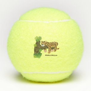 Cute leopard sleeping in tree cartoon illustration tennis balls