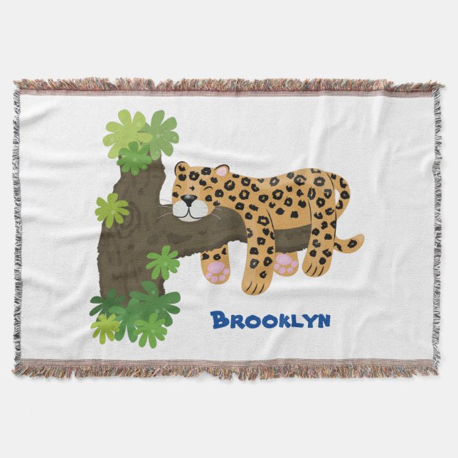Cute leopard sleeping in tree cartoon illustration throw blanket (Front)