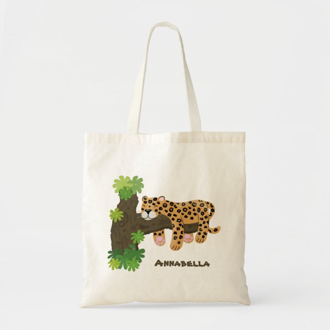 Cute leopard sleeping in tree cartoon illustration tote bag (Front)