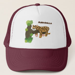 Cute leopard sleeping in tree cartoon illustration trucker hat