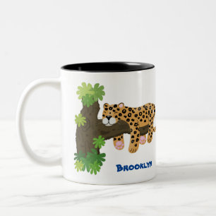 Cute leopard sleeping in tree cartoon illustration Two-Tone coffee mug