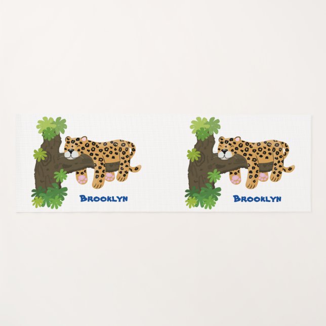 Cute leopard sleeping in tree cartoon illustration yoga mat (Front (Horizontal))