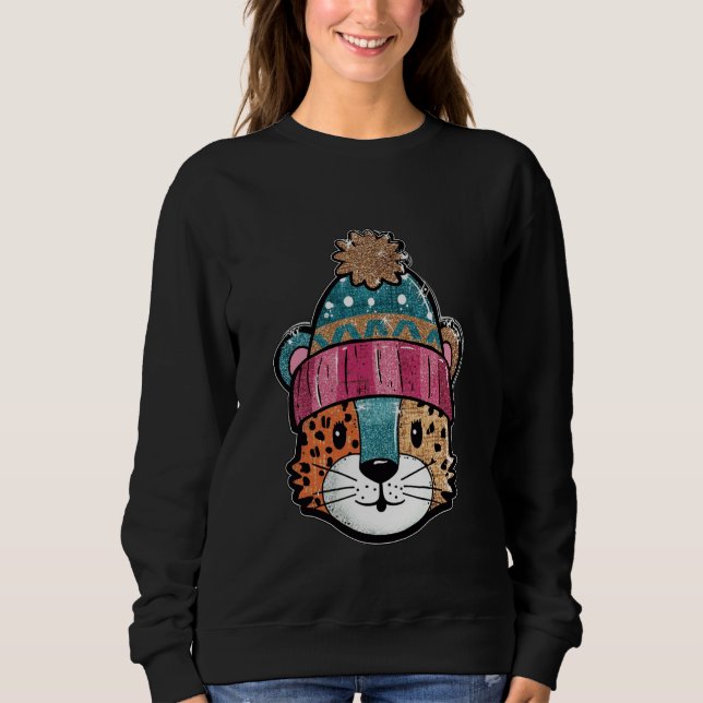 Cute Leopard Winter Hat Adorable Cartoon Sweatshirt (Front)