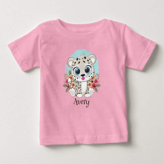 Cute Leopard with Flowers Personalised  Baby T-Shirt (Front)