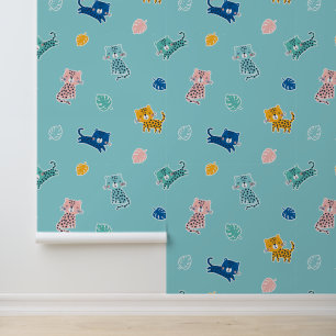 Cute Leopards with jungle leafs on Aqua blue Wallpaper