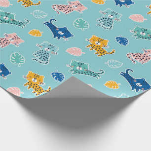 Cute Leopards with jungle leafs on Aqua blue Wrapping Paper