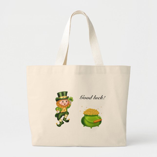 Cute leprechaun, calligraphy & a pot of gold large tote bag (Front)