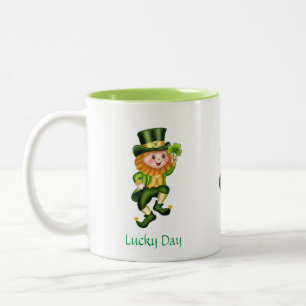Cute Leprechaun, Calligraphy & Pot of Gold Two-Tone Coffee Mug