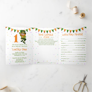 Cute leprechaun dancing with shamrock kids party Tri-Fold invitation