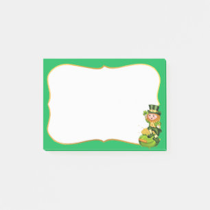 Cute leprechaun & pot of gold on green post-it notes