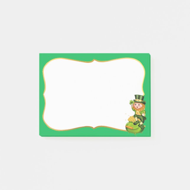 Cute leprechaun & pot of gold on green  post-it notes (Front)