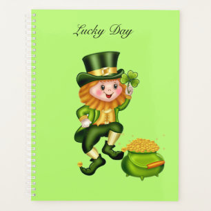 Cute leprechaun & pot of gold on lime green planner
