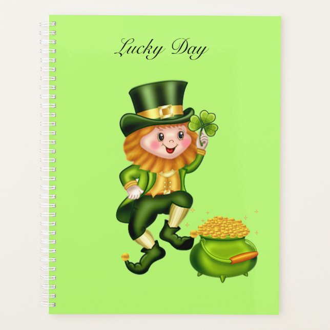 Cute leprechaun & pot of gold on lime green planner (Front)