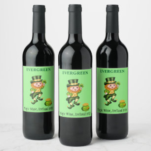 Cute leprechaun & pot of gold on lime green wine label