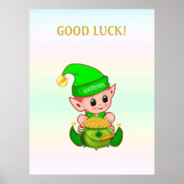 Cute leprechaun & pot of gold on pastel colours poster (Front)