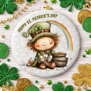 Cute Leprechaun With Pot of Gold and Rainbow 6 Cm Round Badge