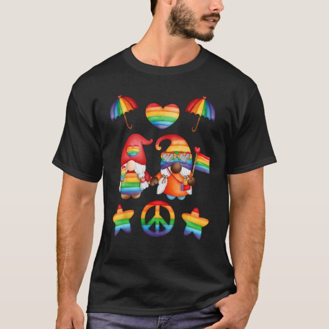 Cute Lesbian Couple Gnomes Pride Month Human Lesbi T-Shirt (Front)