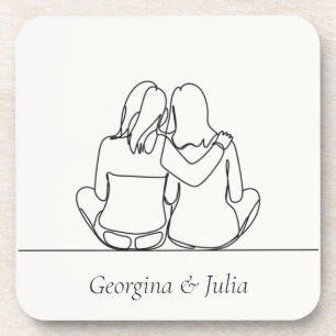 Cute Lesbian Couple Line Art Personalised Coaster