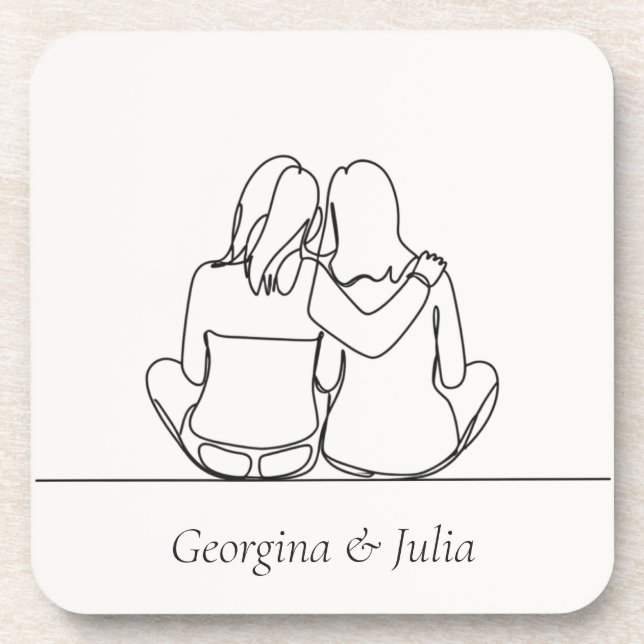 Cute Lesbian Couple Line Art Personalised Coaster (Front)
