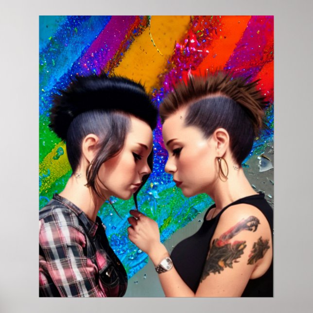 Cute Lesbian Couple Rainbow Art Poster (Front)