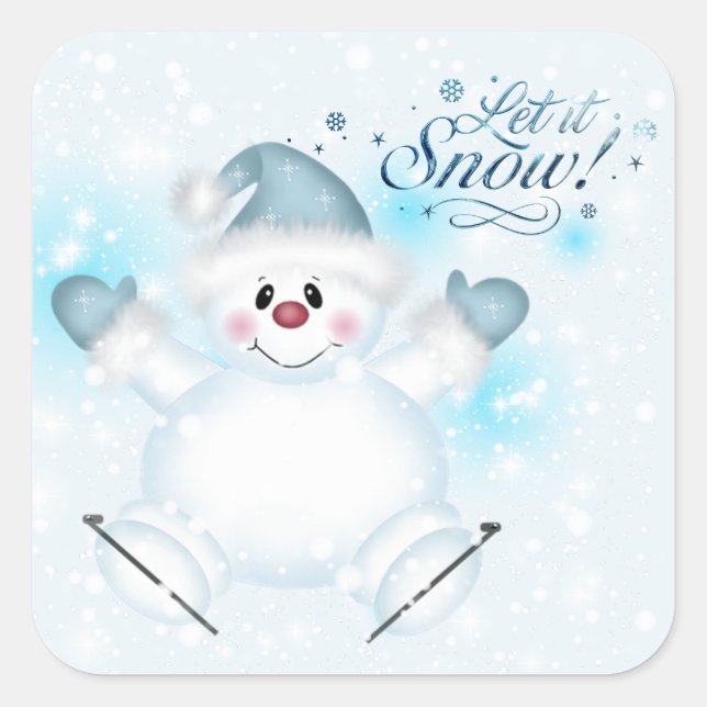 Cute Let It Snow Ice Skating Snowman Square Sticker (Front)