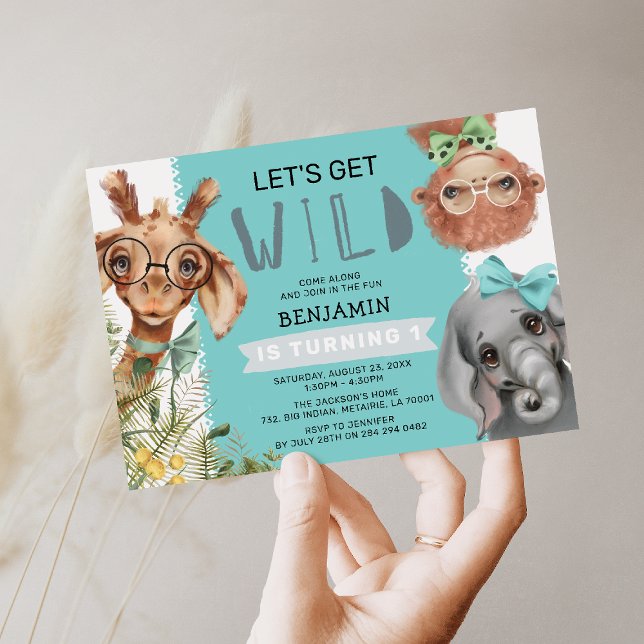 Cute Let's Get Wild Blue Jungle 1st Birthday Party Invitation (Creator Uploaded)