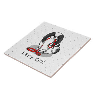 Cute Let's Go! Japanese Chin Dog (black & white 1) Ceramic Tile