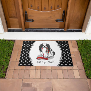 Cute Let's Go! Japanese Chin Dog (black & white 1) Doormat