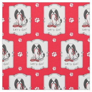 Cute Let's Go! Japanese Chin Dog (black & white 1) Fabric