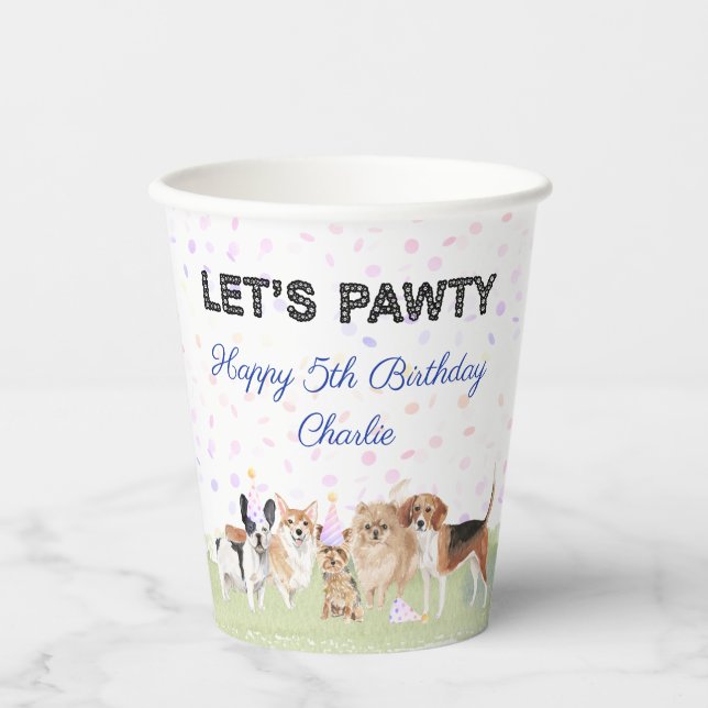 Cute Let's Pawty Blue Custom Dog Birthday Party Paper Cups (Front)