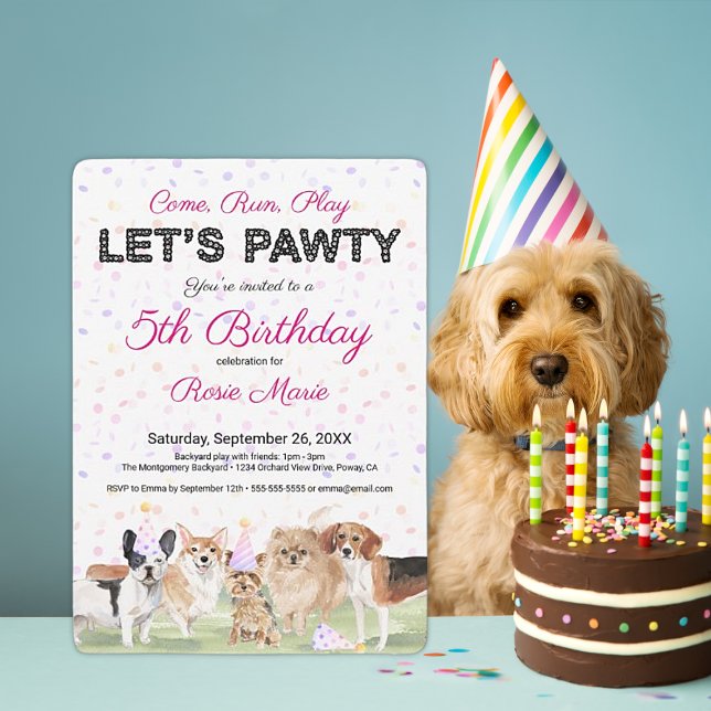 Cute Let's Pawty Pink Custom Dog Birthday Party Invitation (Creator Uploaded)