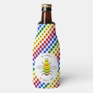 Cute LGBT Proud Rainbow Bee and Flowers Bottle Cooler