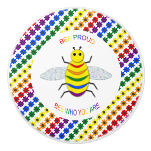 Cute LGBT Proud Rainbow Bee and Flowers Ceramic Knob