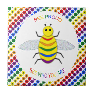 Cute LGBT Proud Rainbow Bee and Flowers Ceramic Tile
