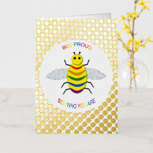 Cute LGBT Proud Rainbow Bee and Flowers Custom Foil Greeting Card