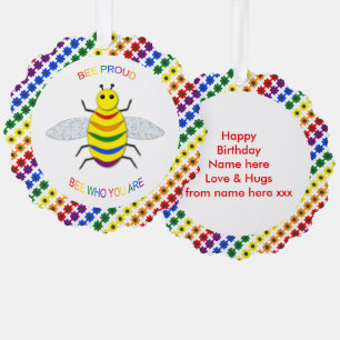 Cute LGBT Proud Rainbow Bee and Flowers Custom Tree Decoration Card