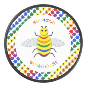 Cute LGBT Proud Rainbow Bee and Flowers Hockey Puck