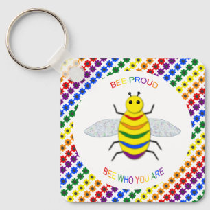 Cute LGBT Proud Rainbow Bee and Flowers Key Ring