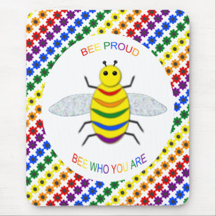 Cute LGBT Proud Rainbow Bee and Flowers Mouse Pad
