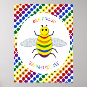 Cute LGBT Proud Rainbow Bee and Flowers Poster
