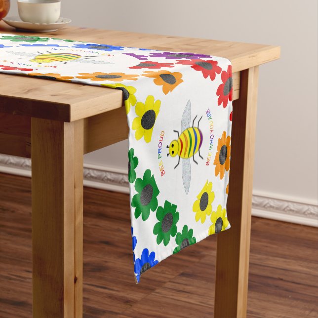 Cute LGBT Proud Rainbow Bee and Flowers Short Table Runner (In Situ)