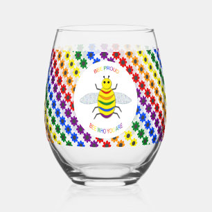 Cute LGBT Proud Rainbow Bee and Flowers Stemless Wine Glass