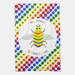 Cute LGBT Proud Rainbow Bee and Flowers Tea Towel