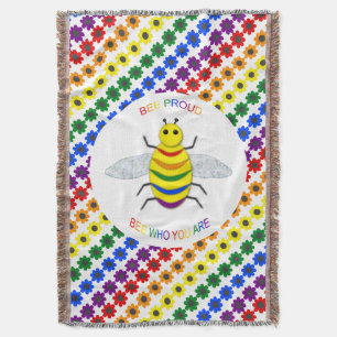 Cute LGBT Proud Rainbow Bee and Flowers Throw Blanket