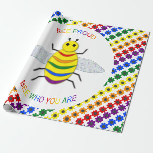 Cute LGBT Proud Rainbow Bee and Flowers Wrapping Paper