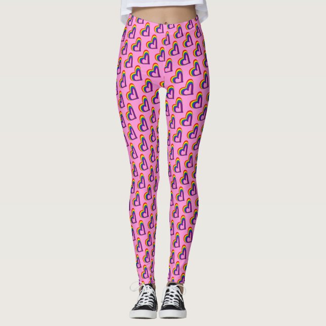 Cute LGBT Rainbow Flag Hearts Pattern Gay Pride Leggings (Front)